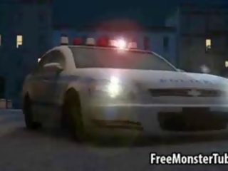 Herrlich 3d mieze lays auf ein polizist auto und saugt ein monster schwanz